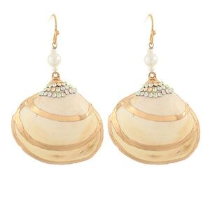 Gold Striped Seashell & Pearl Dangle Earrings